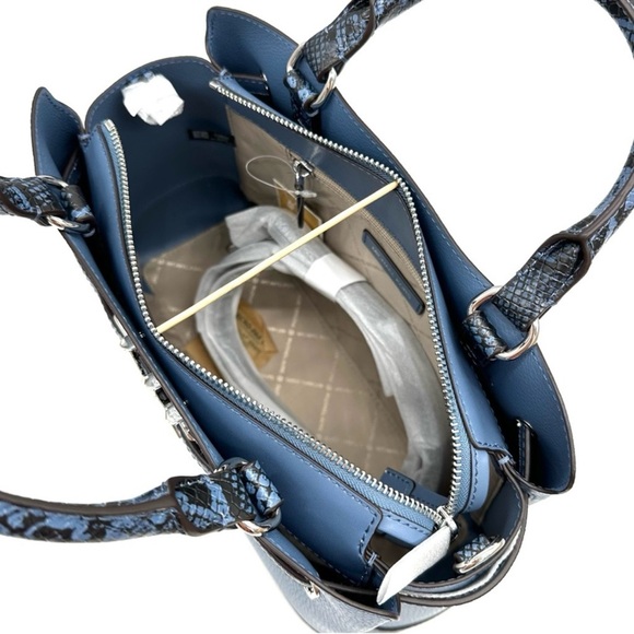 Michael Kors Large Reed Leather Belted Satchel Crossbody Bag Blue Snakeskin - Picture 9 of 12